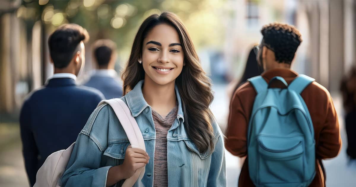 Happy female student walking on campus