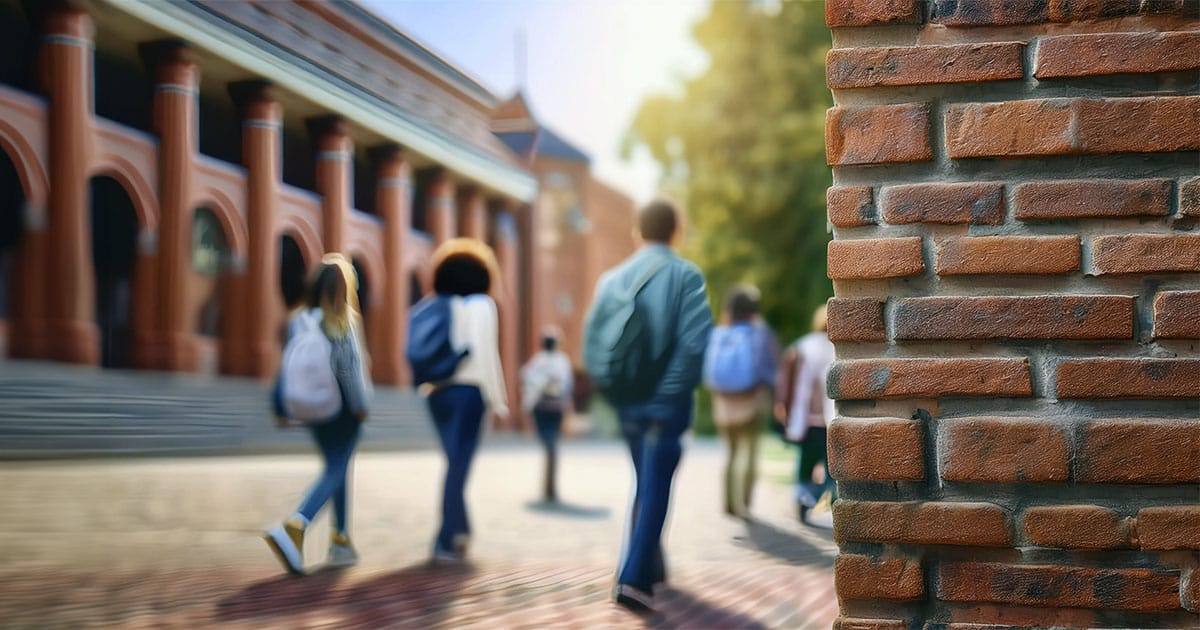 University building with students walking in distance