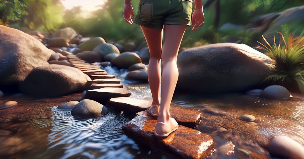 Young woman using stepping stones up stream